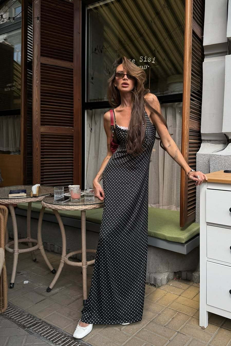 Polka Dot Lace Trim Spaghetti Strap Scoop Neck Slip Maxi Dress