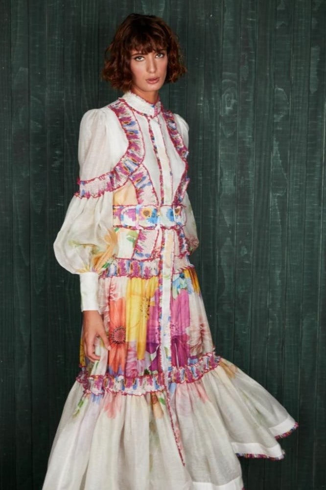 Floral Lantern Sleeve Stand Collar Frill Midi Dress With Belt
