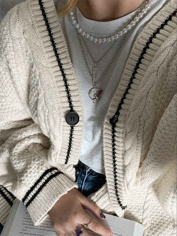 Oversize Star Embroidered Cable Knit Cardigan
