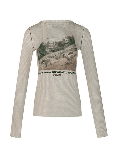Vintage Print Seam Detail Ribbed Long Sleeve Knit