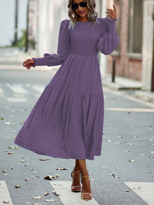 Pleated Midi Dress Lantern Sleeves Cuffs Layering Day Dresses