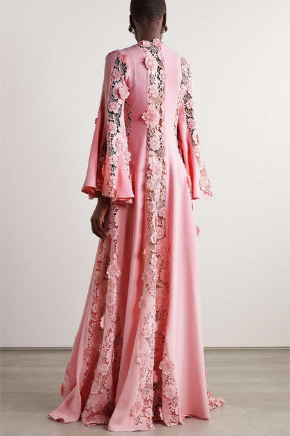 Embroidered Ball Sleeve Solid Maxi Dress