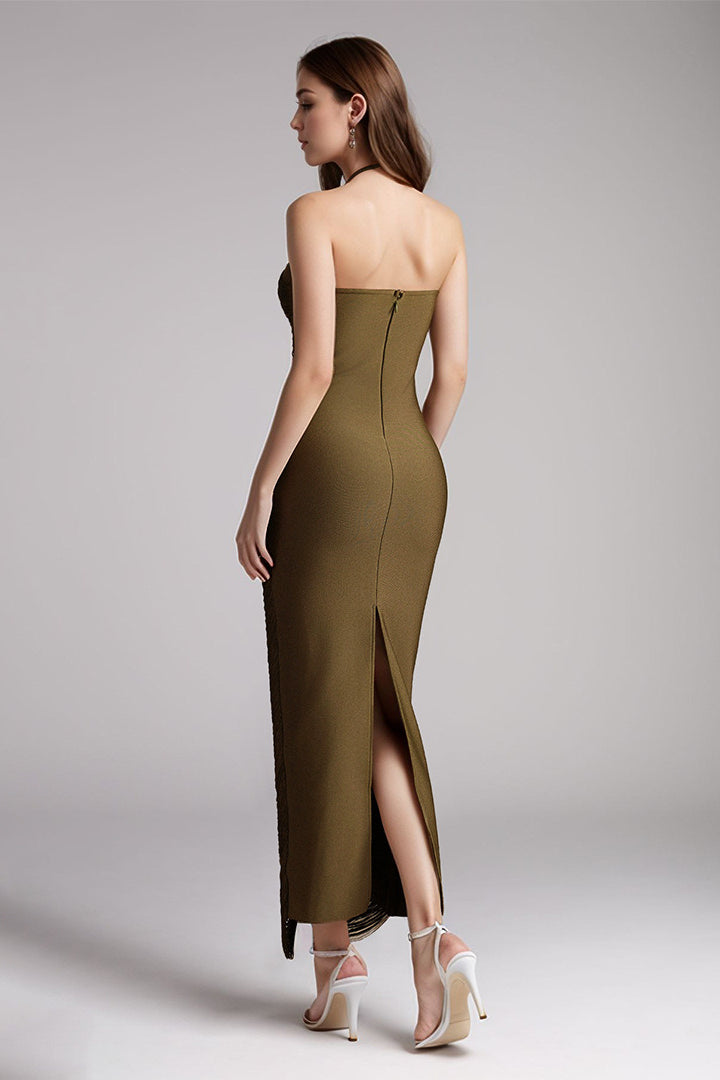 Metallic Fringe Halter Chevron Panel Bodycon Maxi Gown