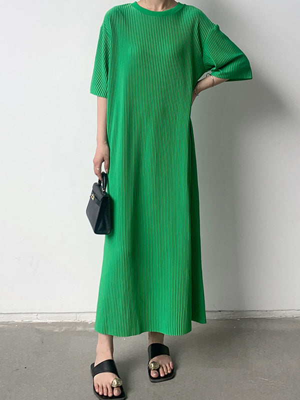 Half Sleeves Loose Pleated Solid Color Round-Neck Midi Dresses