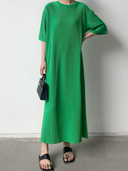 Half Sleeves Loose Pleated Solid Color Round-Neck Midi Dresses