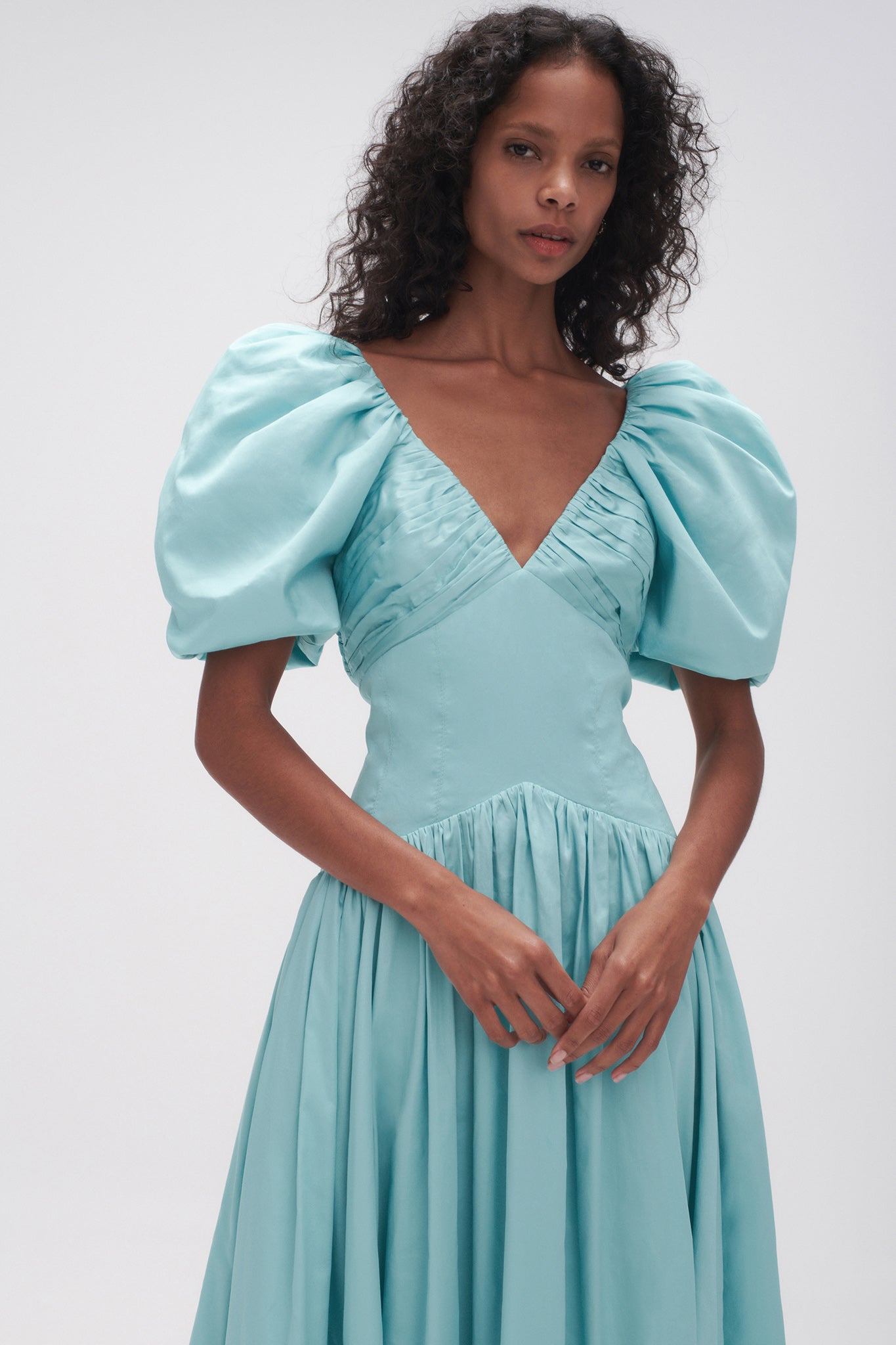 Solid V-Neck Pleat Puff-Sleeve Midi Dress