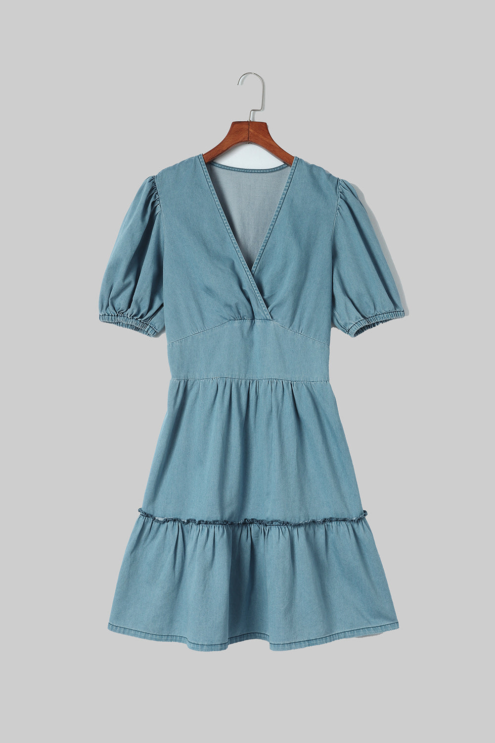 Sky Blue V Neck Bubble Sleeve Ruffle Flared Mini Dress