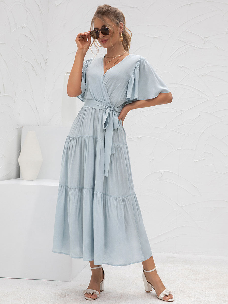 V-Neck Maxi Dress Short Sleeves Casual Layered Floor Length Dress