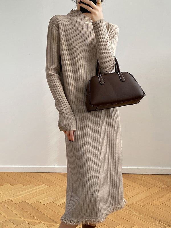 Long Sleeves Loose Fringed Solid Color Mock Neck Midi Dresses Sweater Dresses