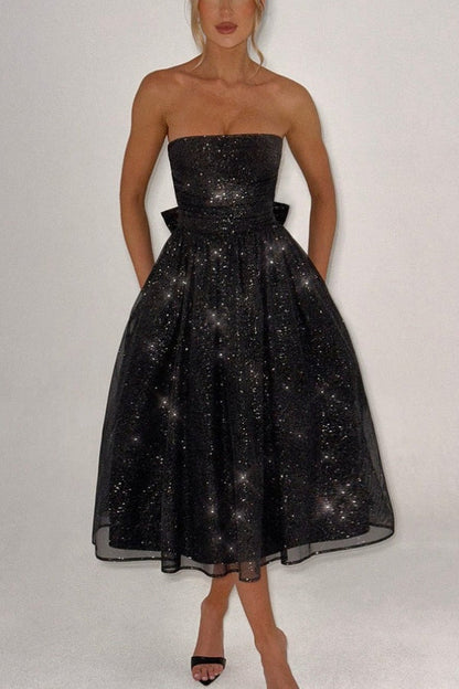 Glitter Mesh Strapless Ruched Fit-and-Flare Pocket Midi Dress