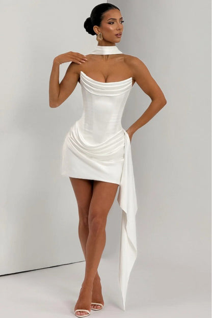 Strapless Corset Cowl Neck Ruched Skirt Side Sash Mini Dress