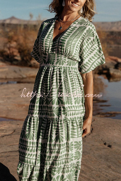 Bohemian Style Unique Printed Short Sleeve High Waist Midi Dress