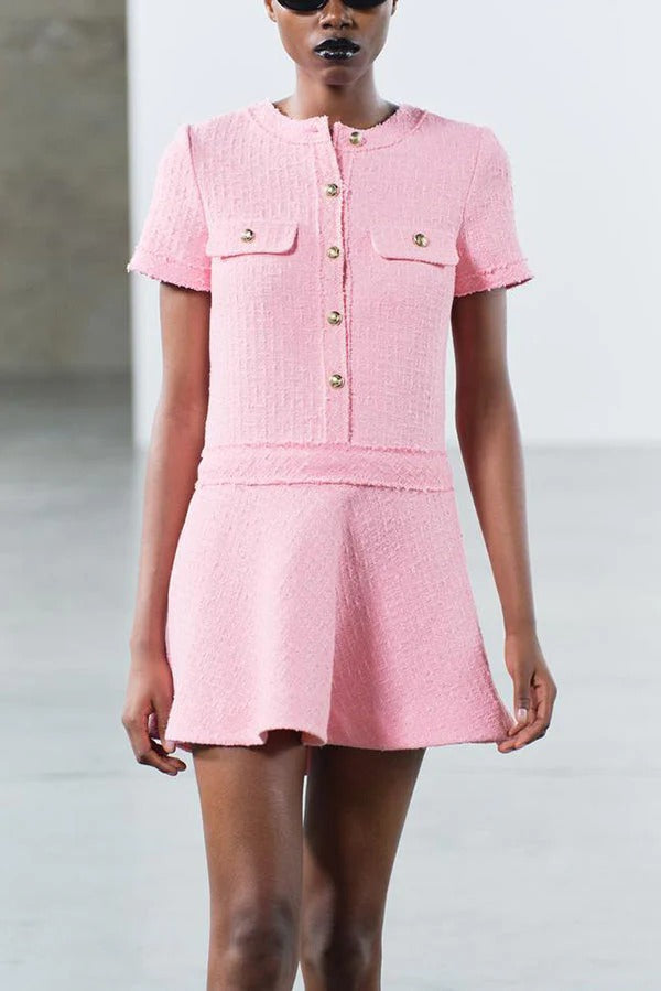 Metal Button Short Sleeve Round Neck Tweed Fit-and-Flare Mini Dress