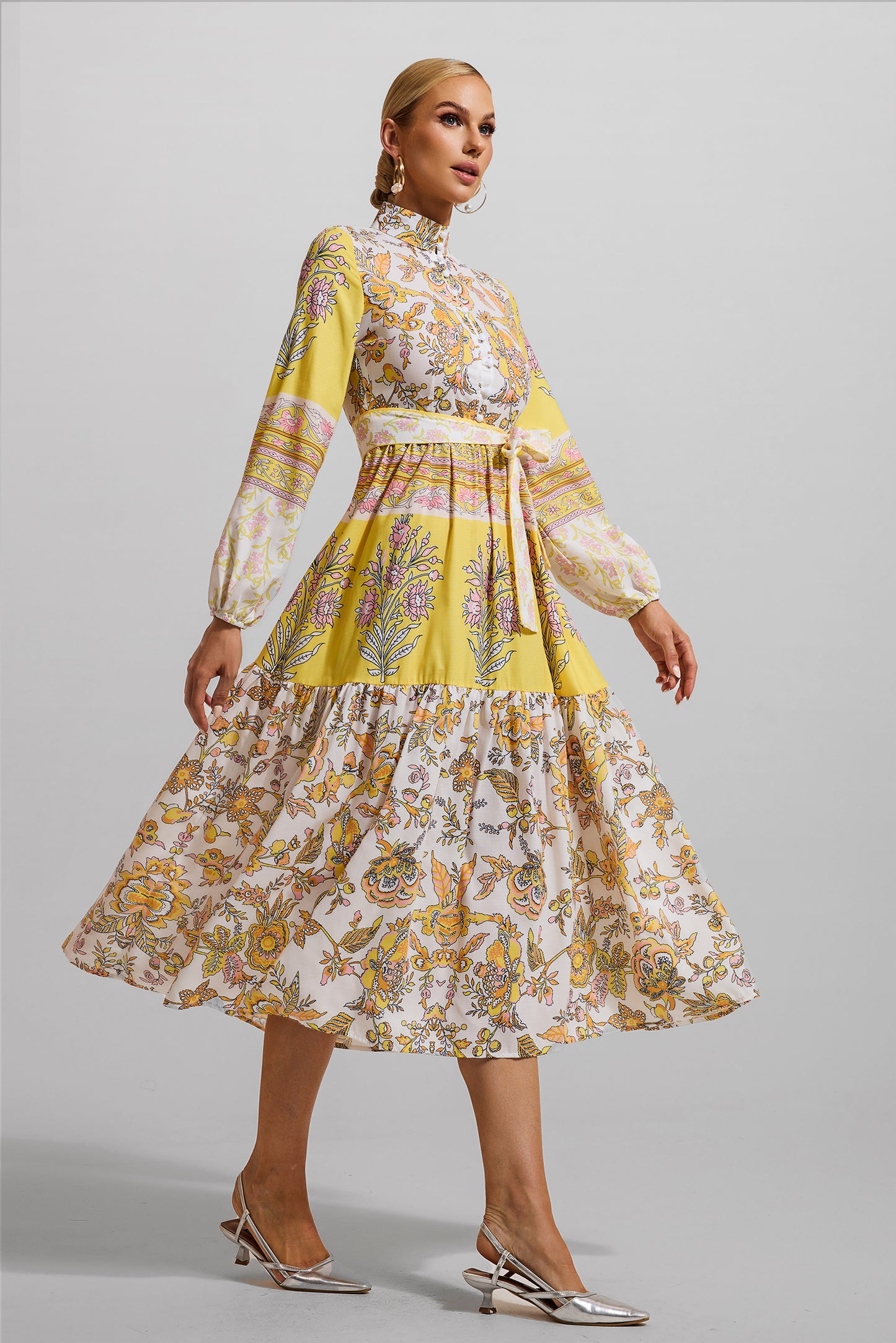 Floral Lantern Sleeve Bottom Midi Dress With Belt