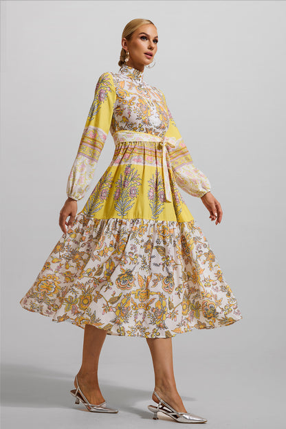 Floral Lantern Sleeve Bottom Midi Dress With Belt