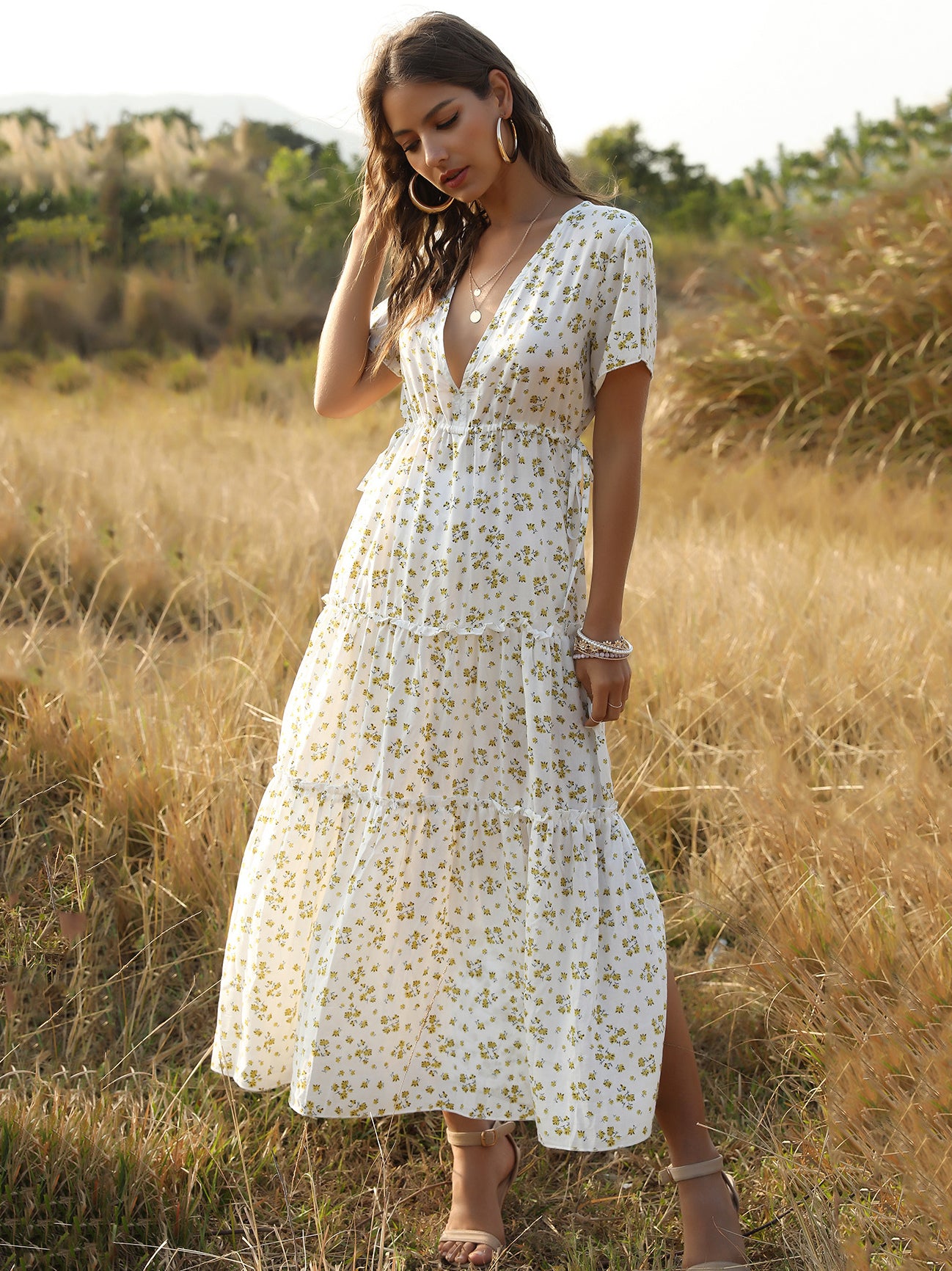 Boho Maxi Dress V Neck Short Sleeves Floral Print Summer Dresses
