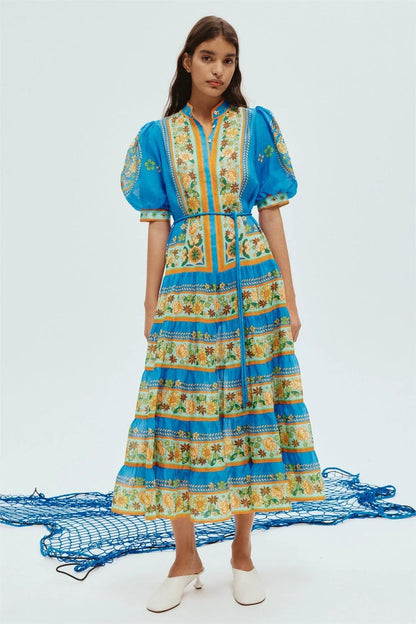 Floral Splicing Single Breasted Midi Dress