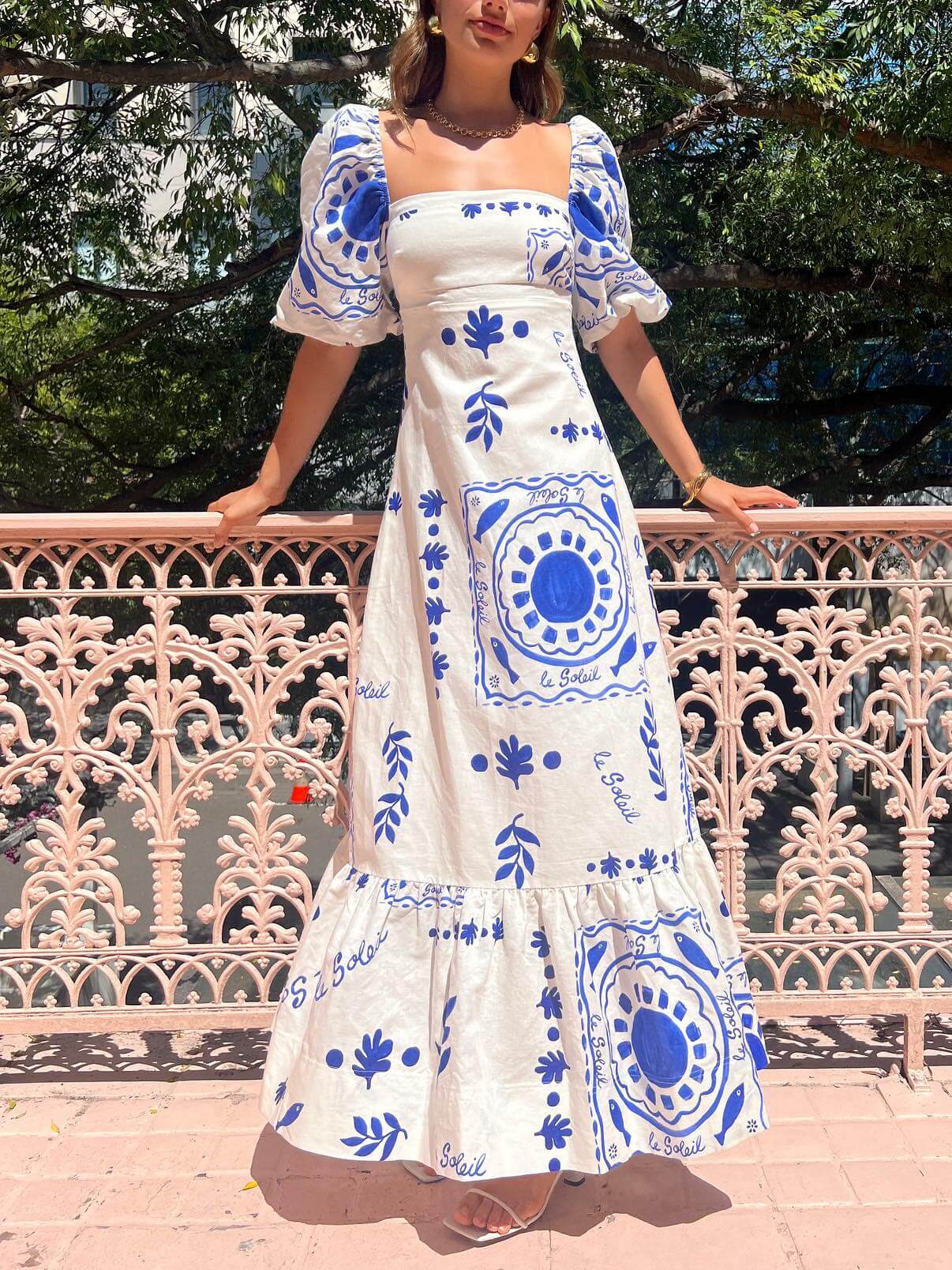 Mediterranean-Puff Sleeve Midi Dress