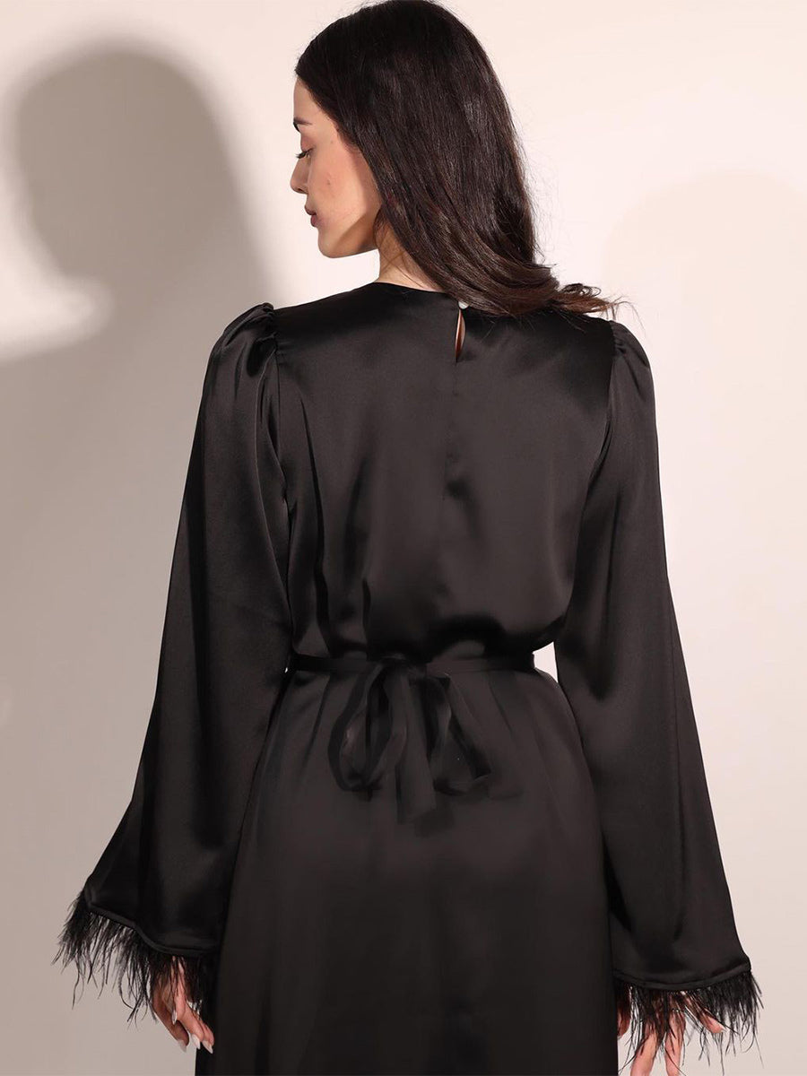Satin Long Dress Feather Sleeves Belted Classic Party Maxi Dresses
