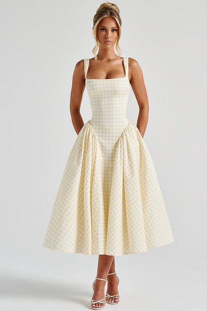 Plaid Printed Ruched Backless Spaghetti Strap Prom Dress