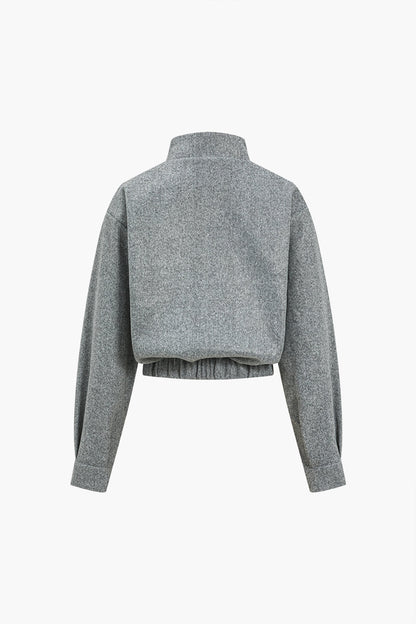 Solid Stand Collar Button Pocket Jacket