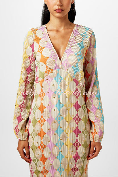 Gorgeous Sunshine Colorful Unique Print Kimono Puff Sleeve Midi Dress