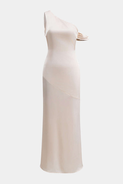 One Shoulder Ruffle Cap Sleeve Diagonal Seam Satin Column Maxi Dress