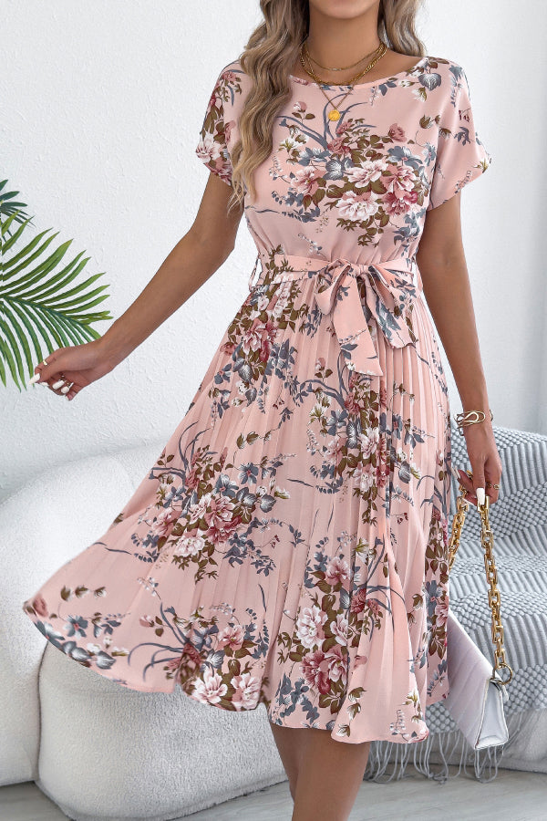 Floral Print Round Neck Fitted Waist Tie Pleated Midi Dress