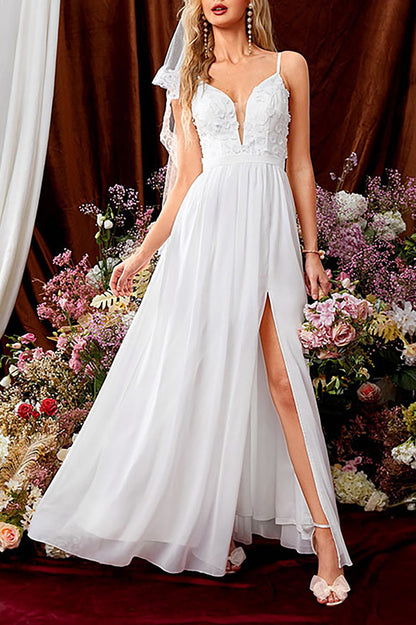 Spaghetti Strap Deep V Lace Floral Applique Chiffon Side Slit Maxi Gown