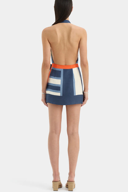 Summer Striped Print Halter Neck Backless Tie Mini Dress