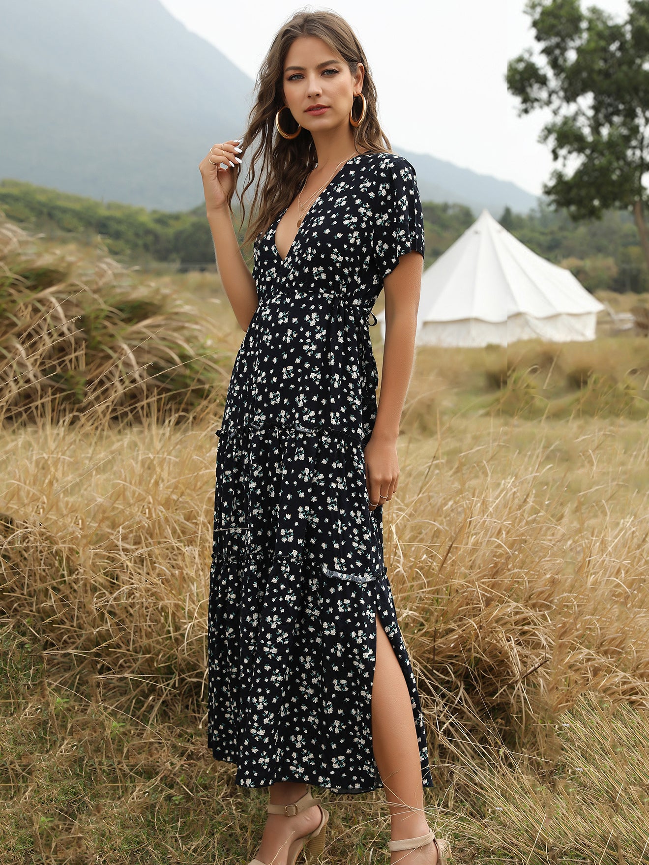 Boho Maxi Dress V Neck Short Sleeves Floral Print Summer Dresses