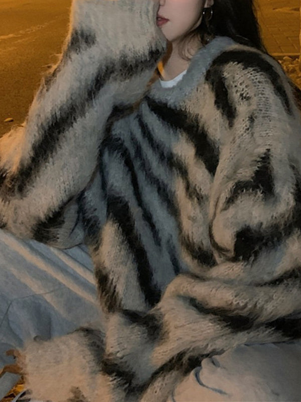 Contrast Color Irregular Stripe Loose Sweater