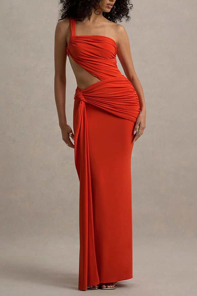 One Shoulder Ruched Waist Cutout Side Knot Draped Panel Maxi Gown