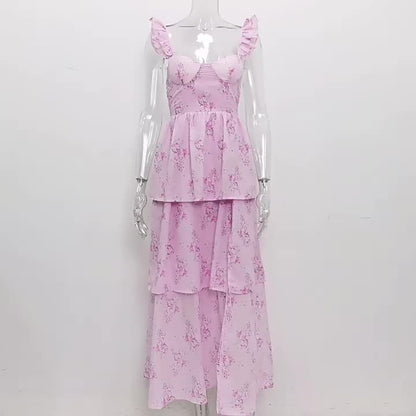Floral Dress Layered Ruffles Backless High Slit Brunch Party Midi Dresses