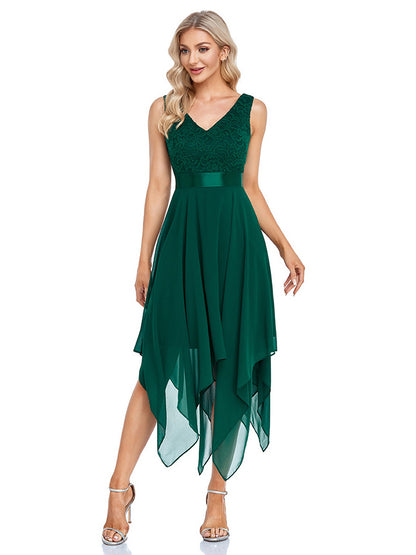 Handkerchief Dresses V-Neck Sleeveless Ribbon Waist Irregular Prom Midi Dress