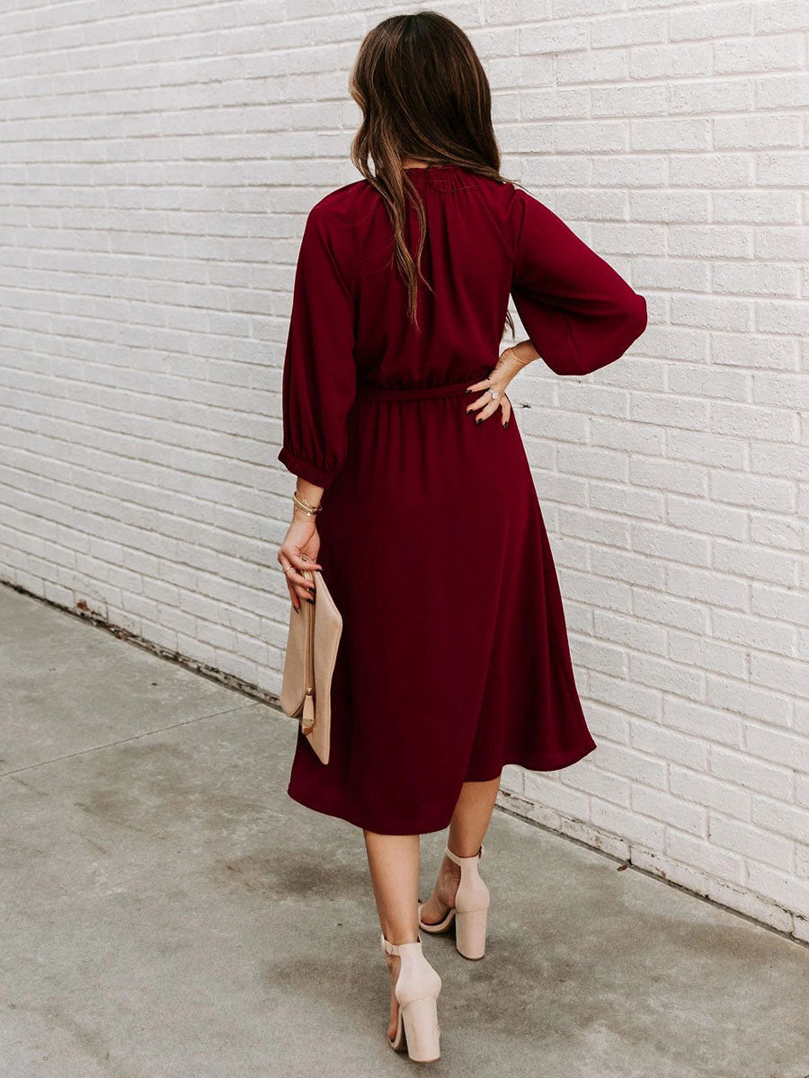 Sash Jewel Neck 3/4 Length Sleeves Midi Dress