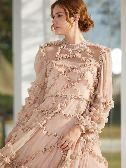 Ruffles Dress Illusion Long Sleeves High Collar Tulle Party Maxi Dresses