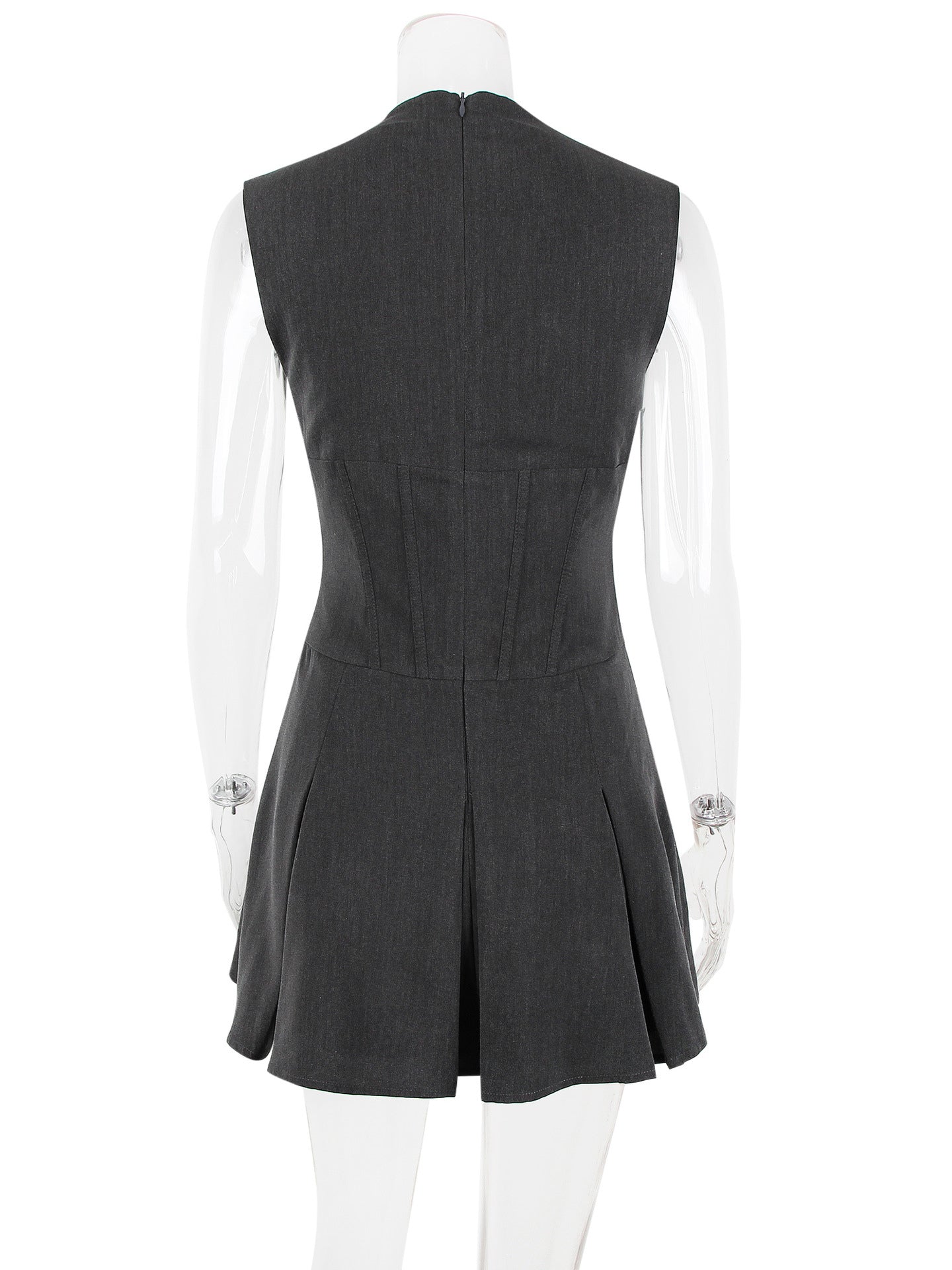 Skater Dresses Polyester Embellished Collar Lace Up Gray Chic Sleeveless Flared Dress Mini Dresses