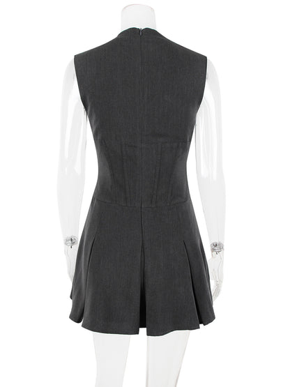 Skater Dresses Polyester Embellished Collar Lace Up Gray Chic Sleeveless Flared Dress Mini Dresses