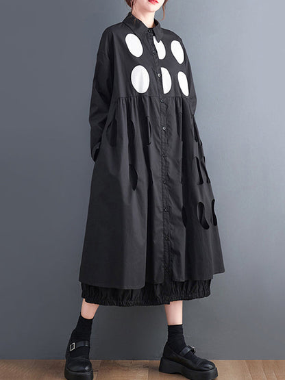 Stylish Long Sleeves A-Line Polka Dot Polo Shirt Midi Dresses