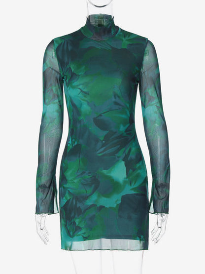 Tie-Dye Bodycon Dress Mock Neck Long Sleeves Slit Tulle Mini Dresses