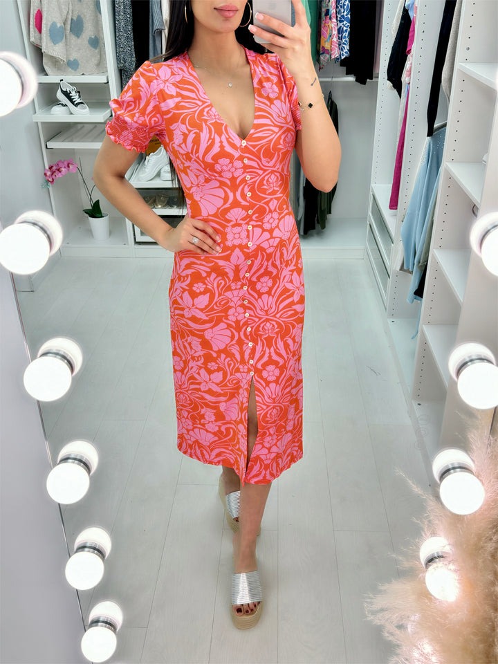 V Neck Floral Print Midi Dress