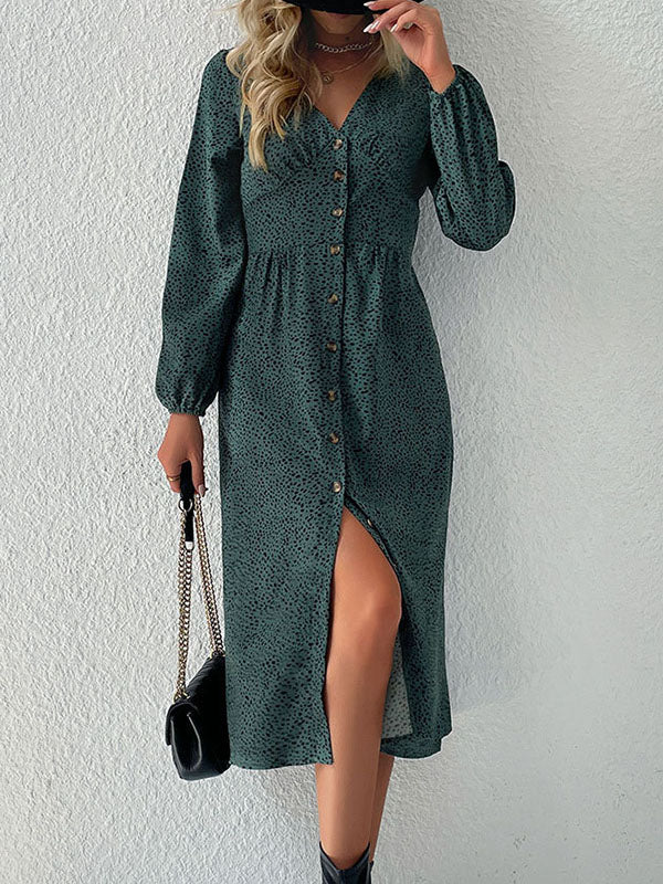 A-Line High Waisted Buttoned Leopard Split-Joint V-Neck Midi Dresses