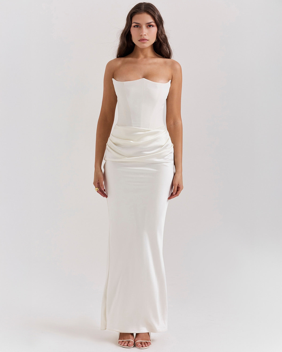Strapless Pointed Sweetheart Corset Bodice Draped Hip Column Maxi Gown