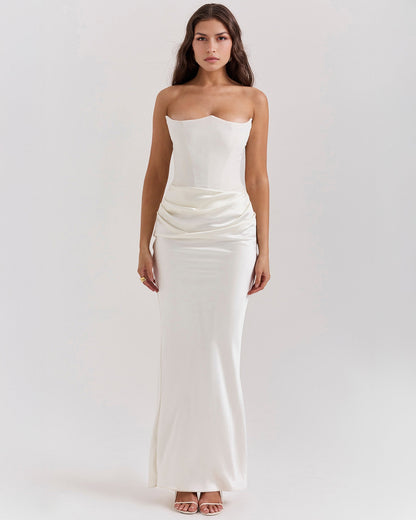 Strapless Pointed Sweetheart Corset Bodice Draped Hip Column Maxi Gown