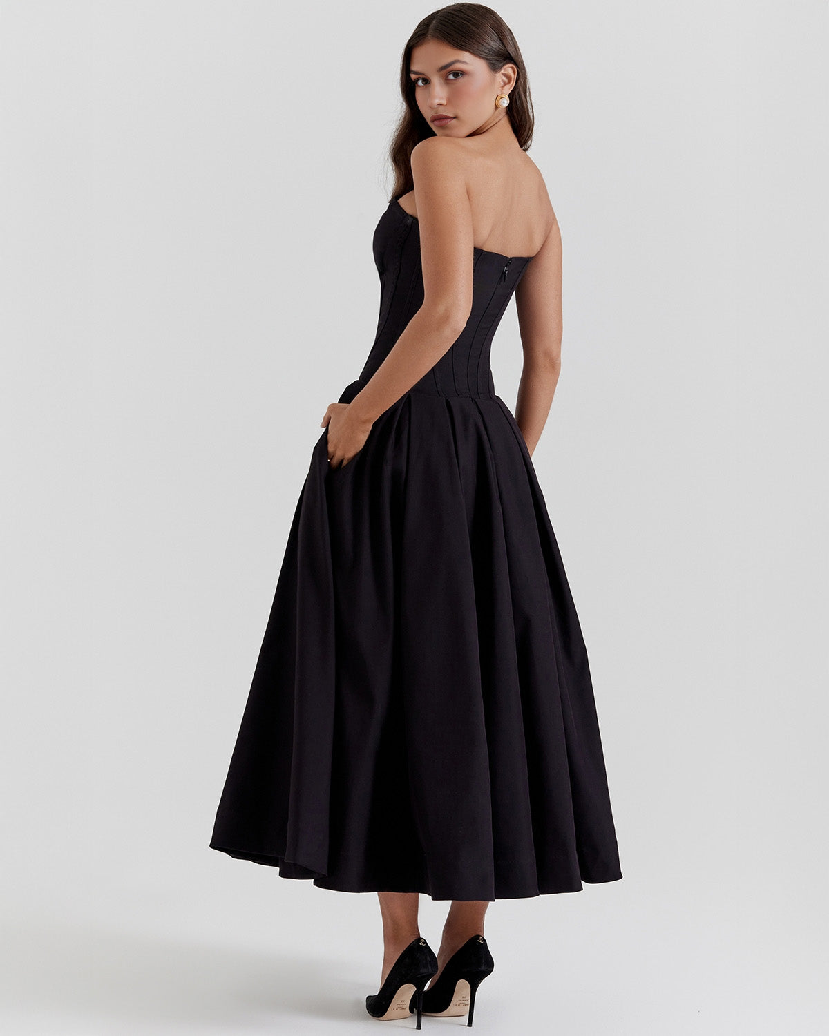 Strapless Deep V Neck Corset Bodice Pleated Fit and Flare Midi Dress