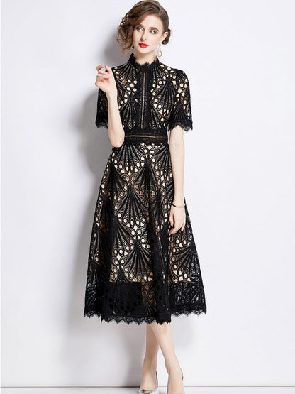 Crocheted Embroidered Lace Midi Dress