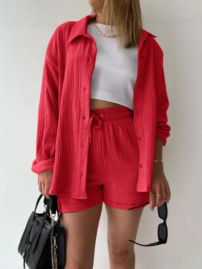 Long-sleeved Shirt And High-waisted Drawstring Shorts Casual Two-piece Set