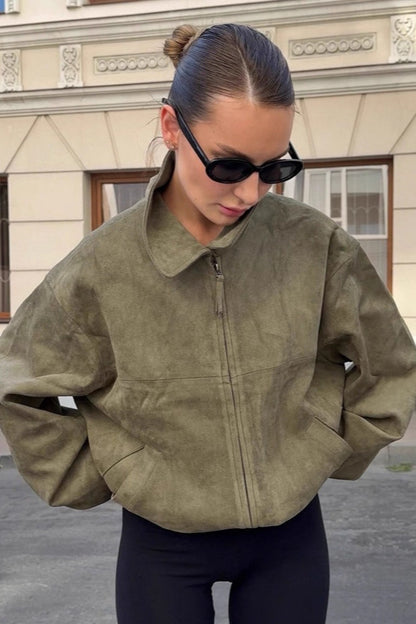 Green Suede Lapel Casual Jacket