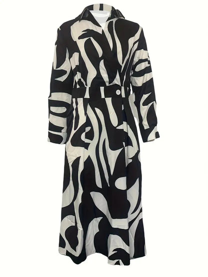 Collared Button Front Long Sleeve Abstract Wave Print Maxi Shirt Dress